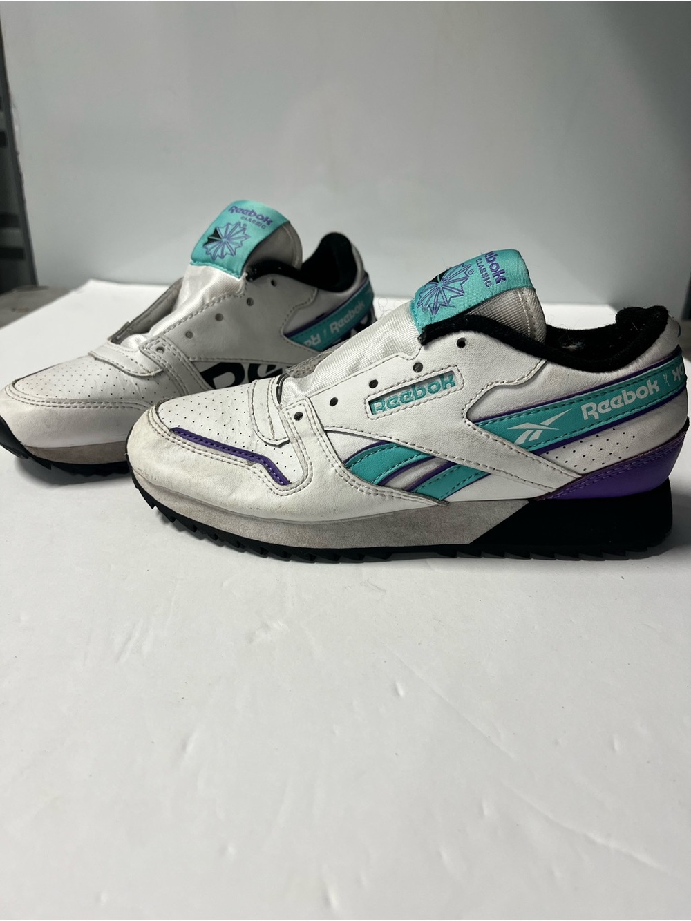 Reebok children’s size 1 Classic White with Teal & Purple Sneakers